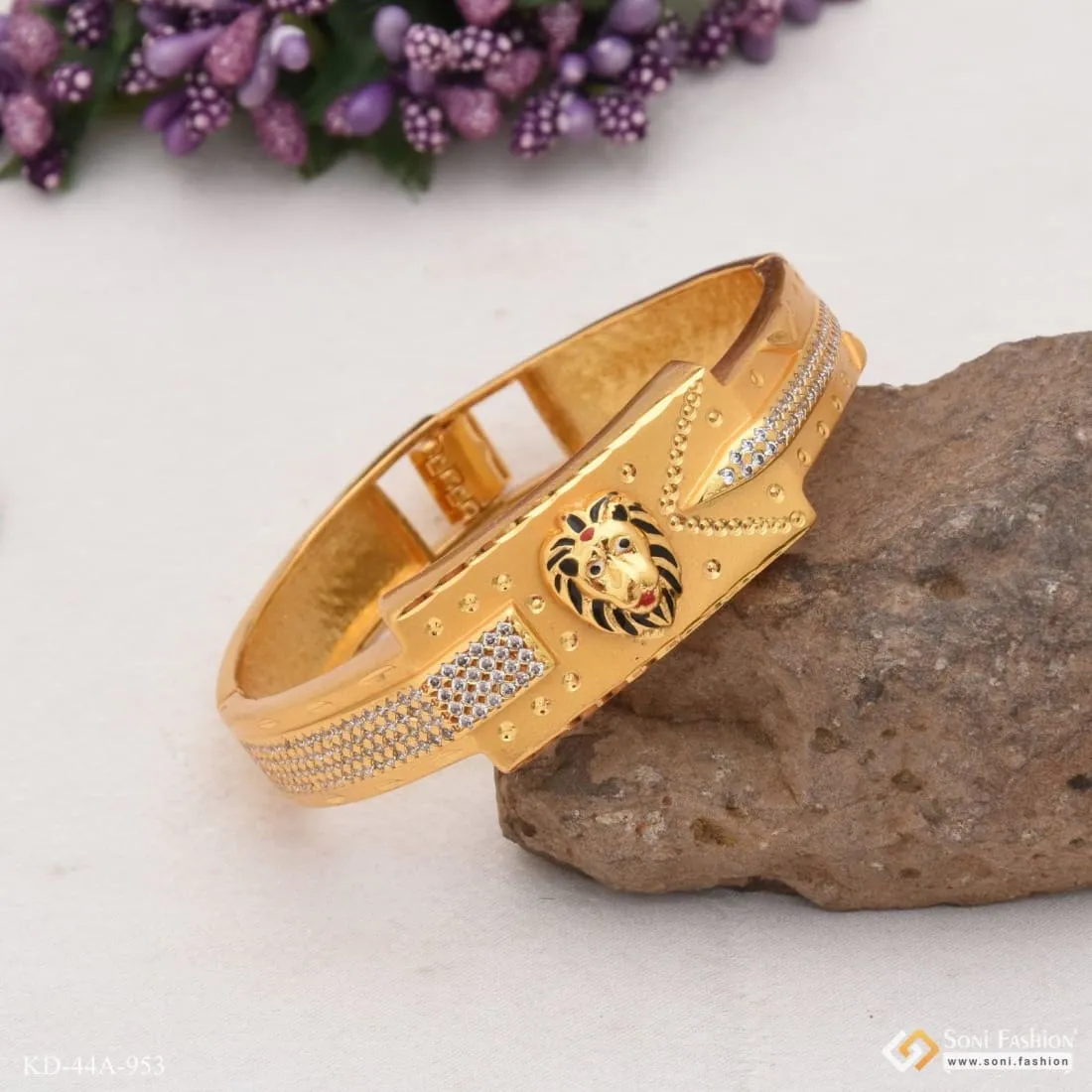 1 Gram Gold Forming Lion With Diamond Fashionable Design Kada For Men - Style A953