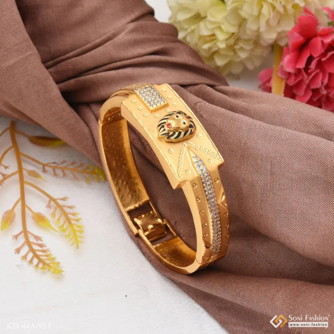 1 Gram Gold Forming Lion With Diamond Fashionable Design Kada For Men - Style A953