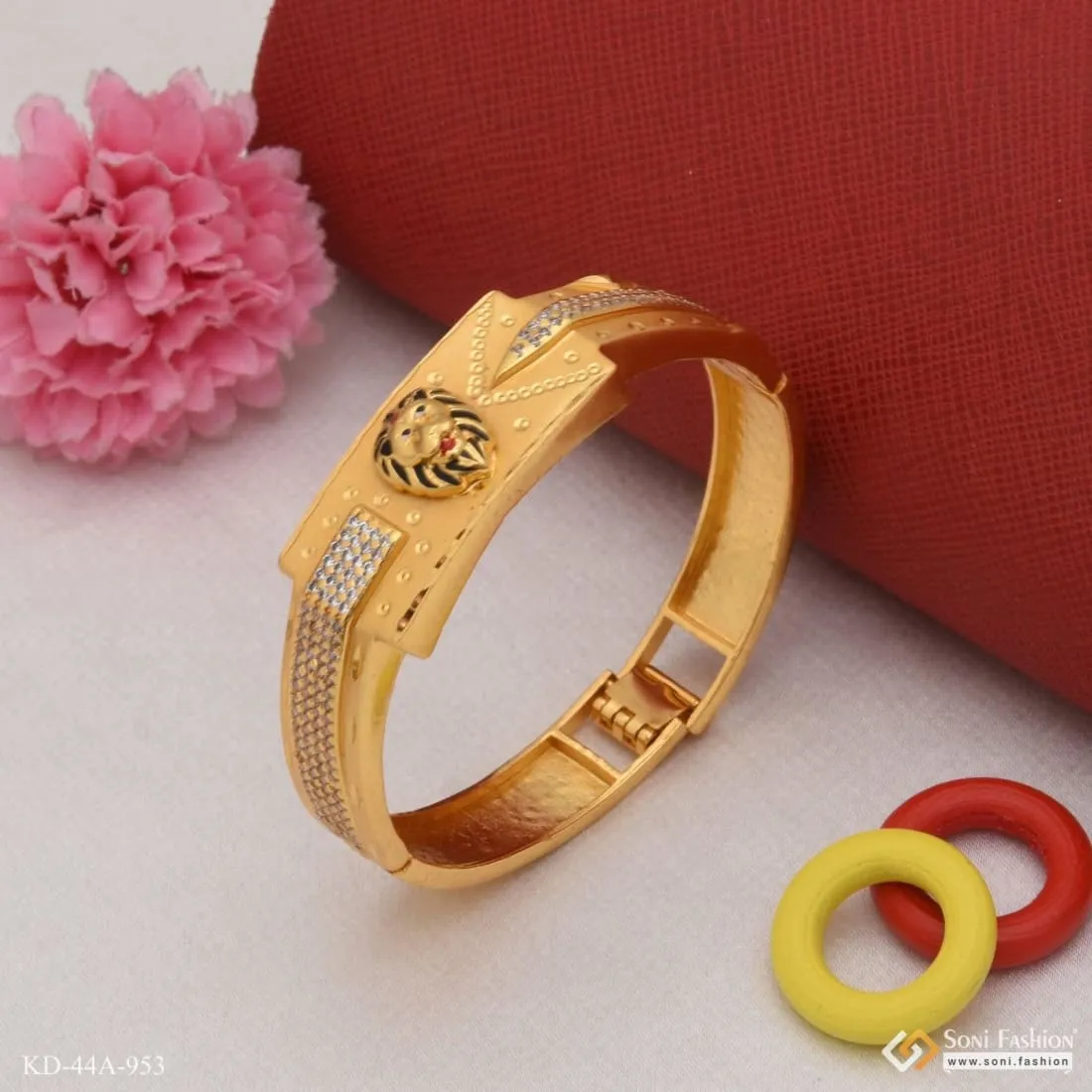 1 Gram Gold Forming Lion With Diamond Fashionable Design Kada For Men - Style A953