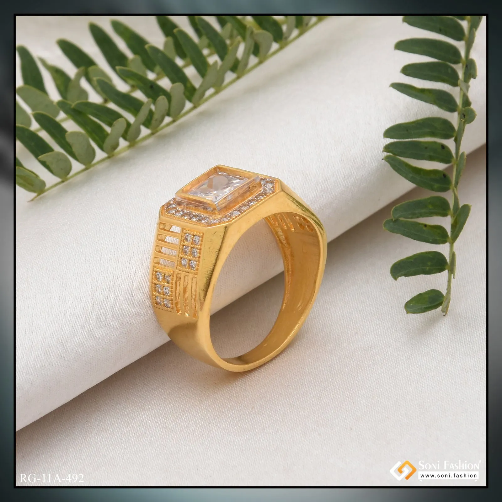1 Gram Gold Forming White Stone with Diamond Fashionable Design Ring - Style A492