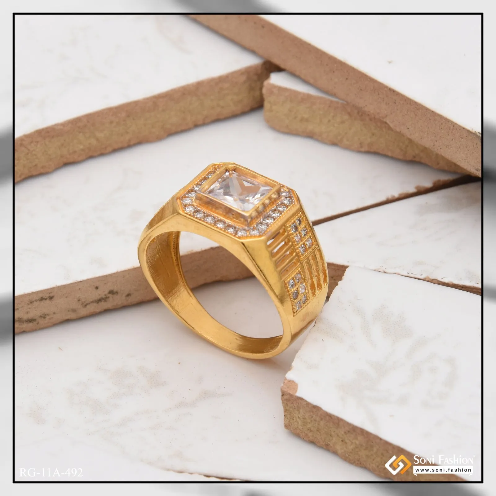 1 Gram Gold Forming White Stone with Diamond Fashionable Design Ring - Style A492