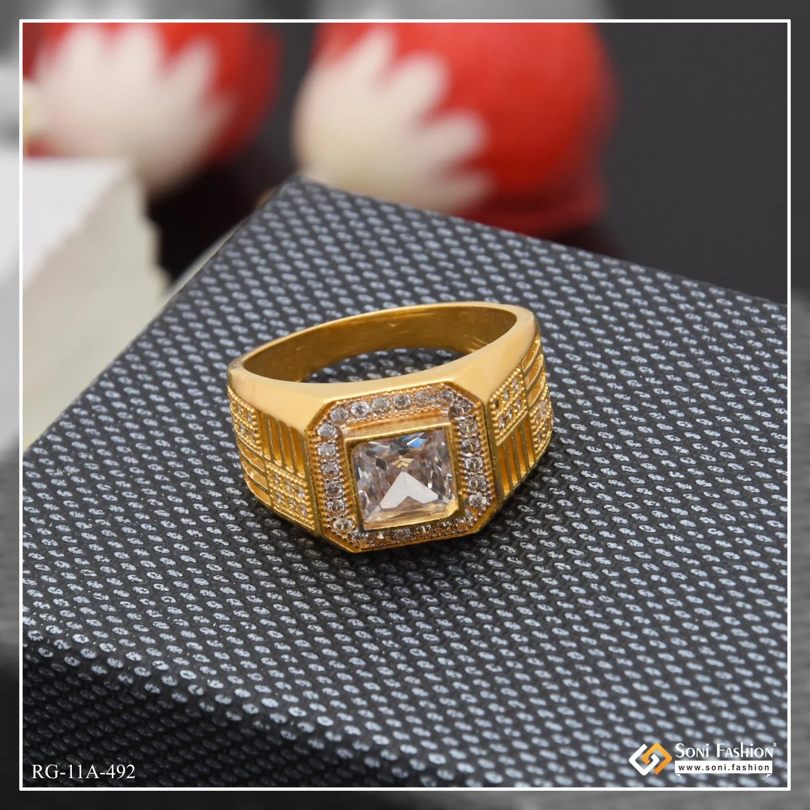 1 Gram Gold Forming White Stone with Diamond Fashionable Design Ring - Style A492
