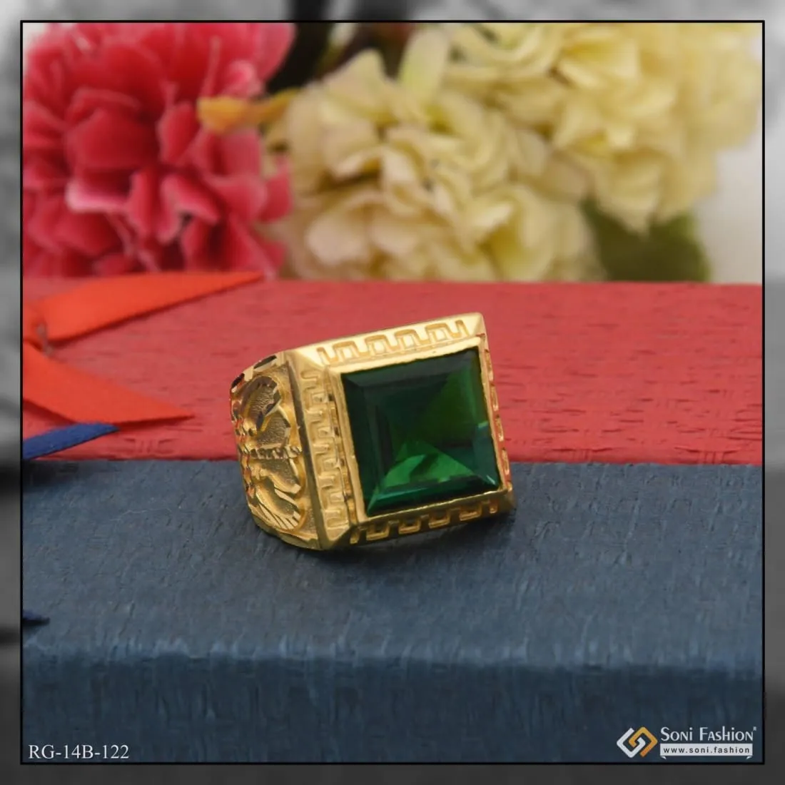 1 Gram Gold Plated Green Stone Fashionable Design Ring for Men - Style B122
