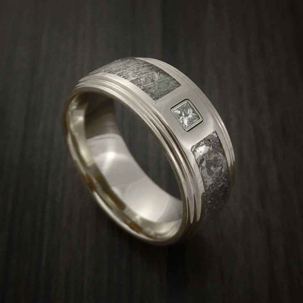 14K White Gold and Meteorite Men's Ring with Beautiful Diamond Custom Made
