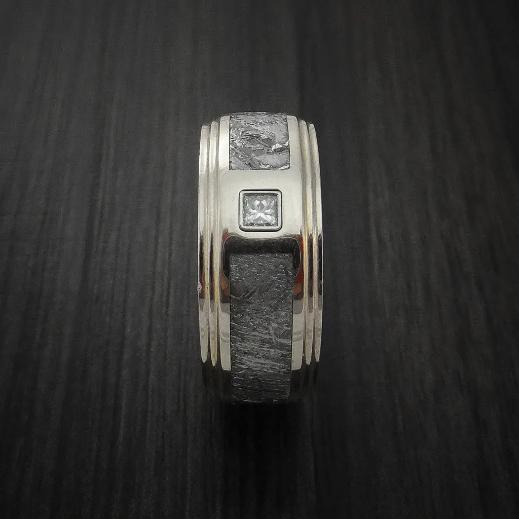 14K White Gold and Meteorite Men's Ring with Beautiful Diamond Custom Made