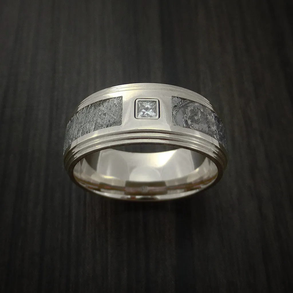 14K White Gold and Meteorite Men's Ring with Beautiful Diamond Custom Made
