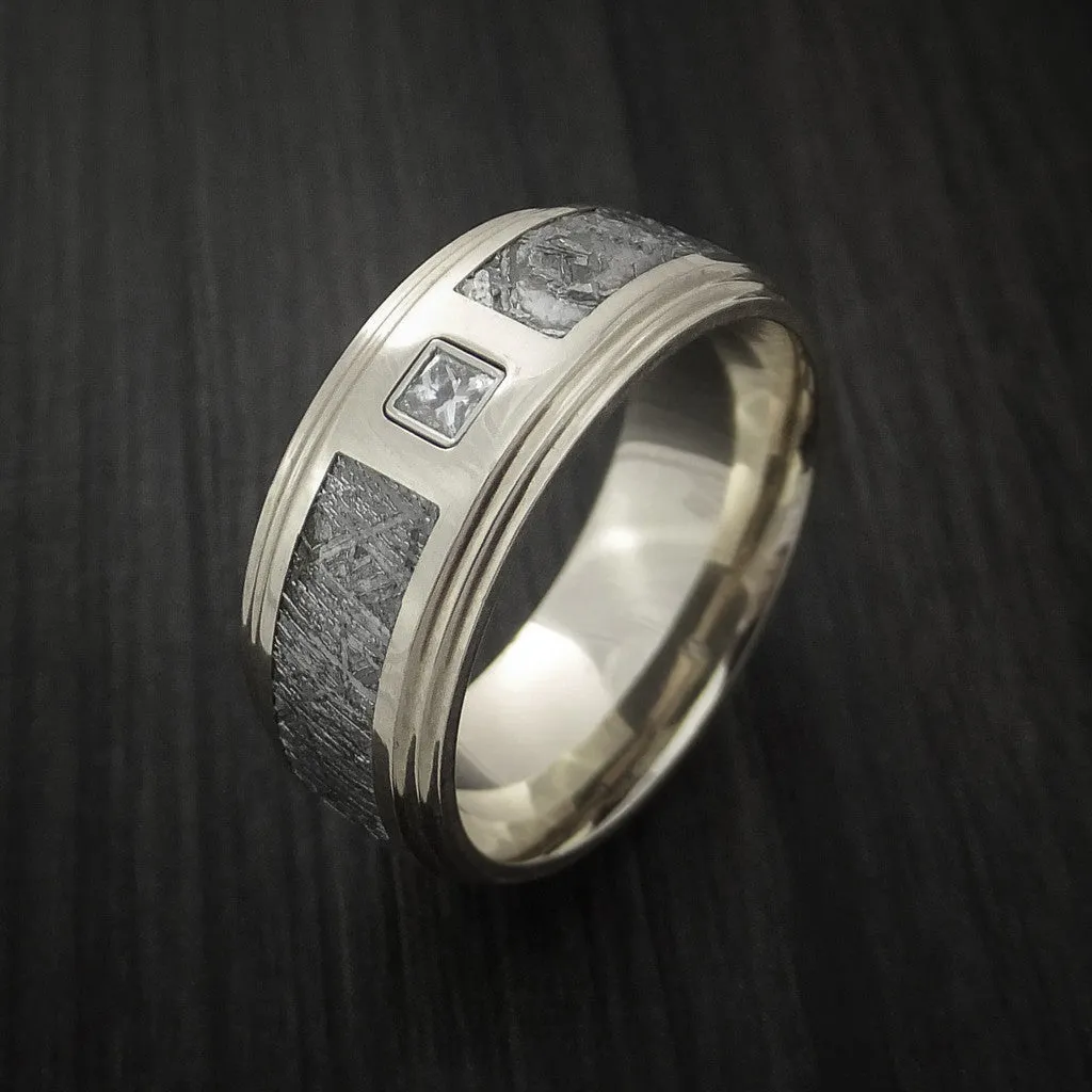 14K White Gold and Meteorite Men's Ring with Beautiful Diamond Custom Made