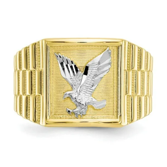 14K Yellow Solid Gold Mens Eagle Ring #10 Anillo de Aguila en Oro Two Tone Ring 6.28g