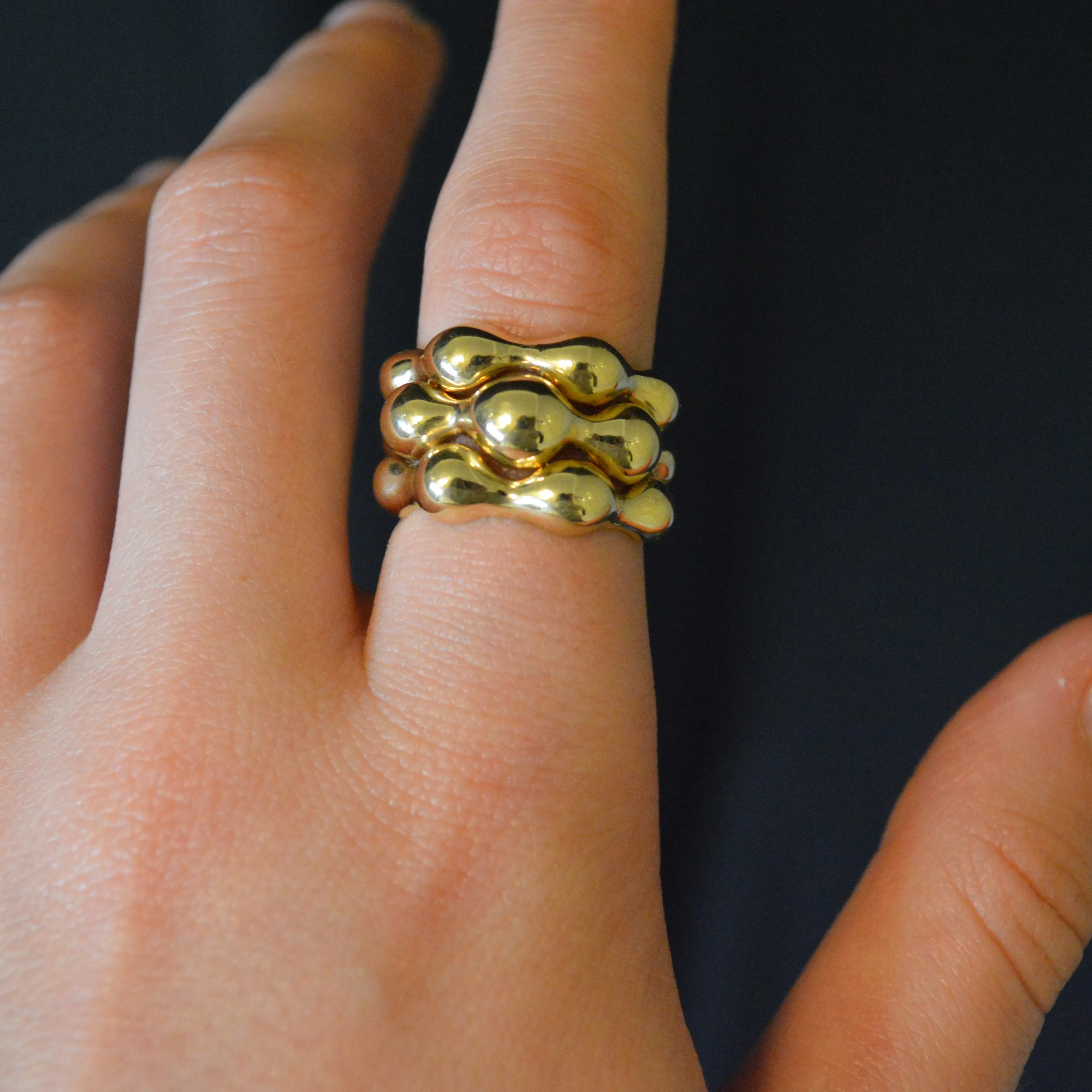 18K Gold Grooved Three Row Ring