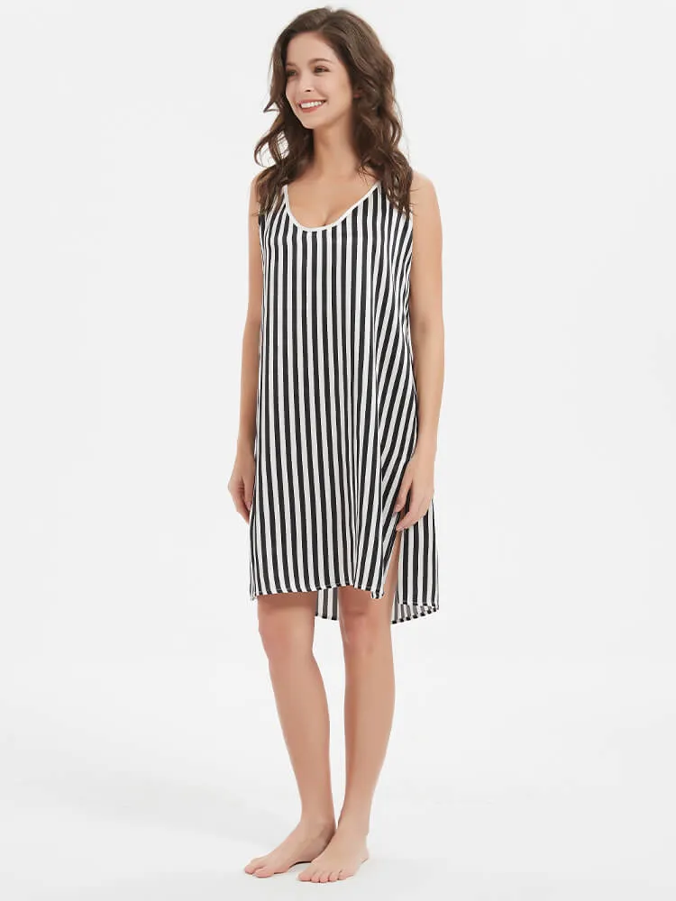 22 Momme Black And White Striped Silk Chemise Nightgown