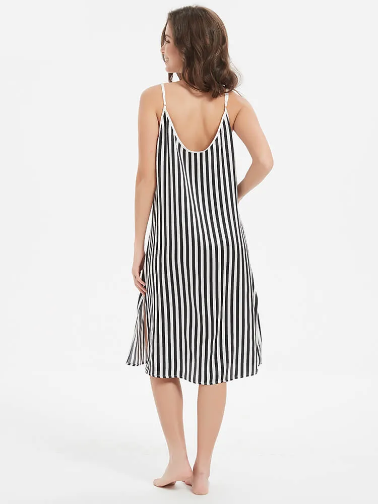 22 Momme Black And White Striped Silk Chemise Nightgown