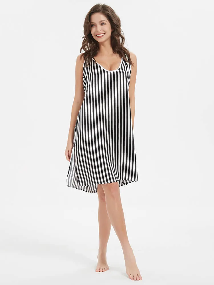 22 Momme Black And White Striped Silk Chemise Nightgown
