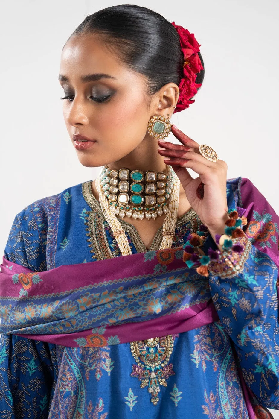 3 Pc Embroidered Thick Cambric Suit With Silk Dupatta
