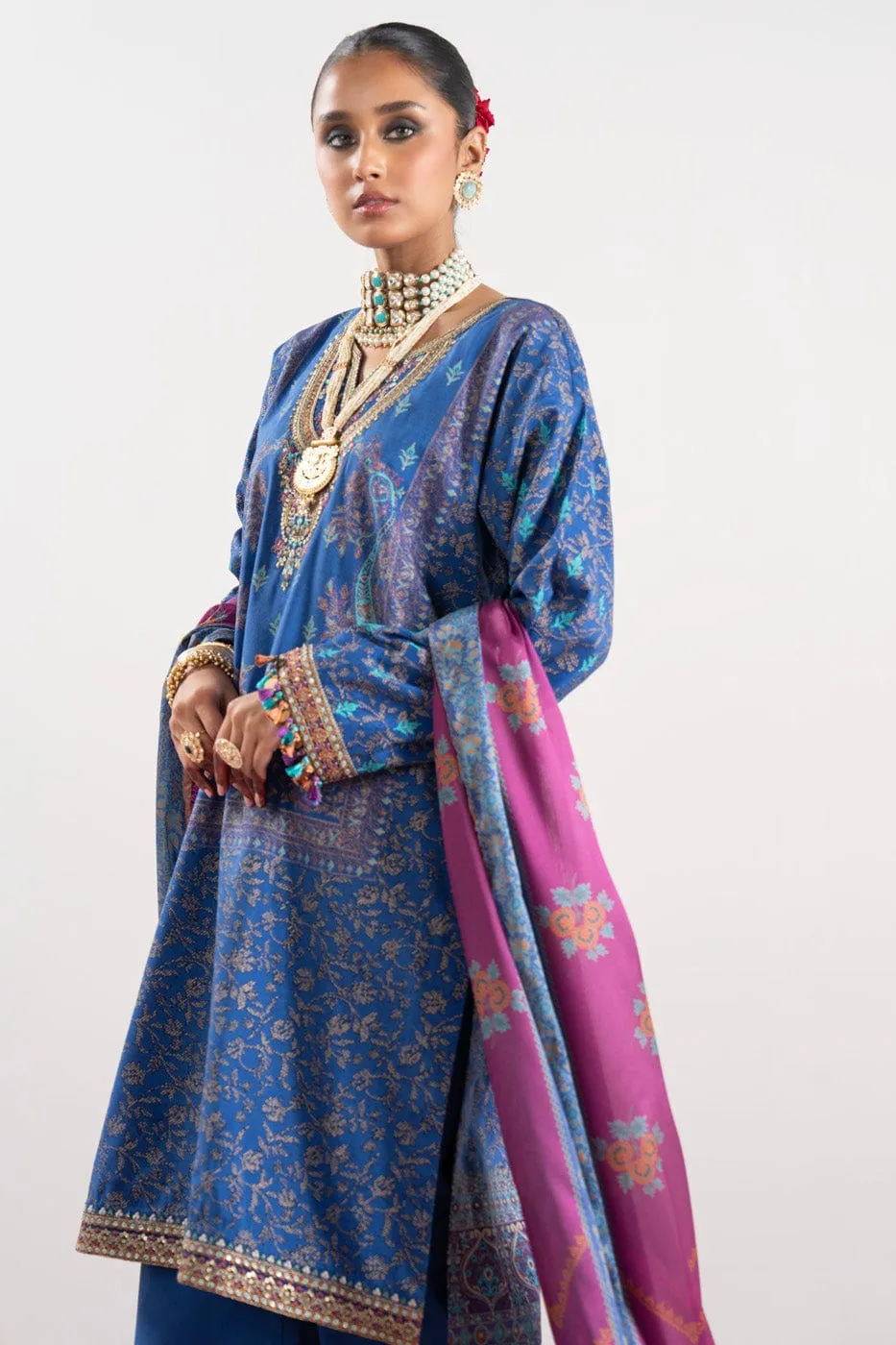 3 Pc Embroidered Thick Cambric Suit With Silk Dupatta