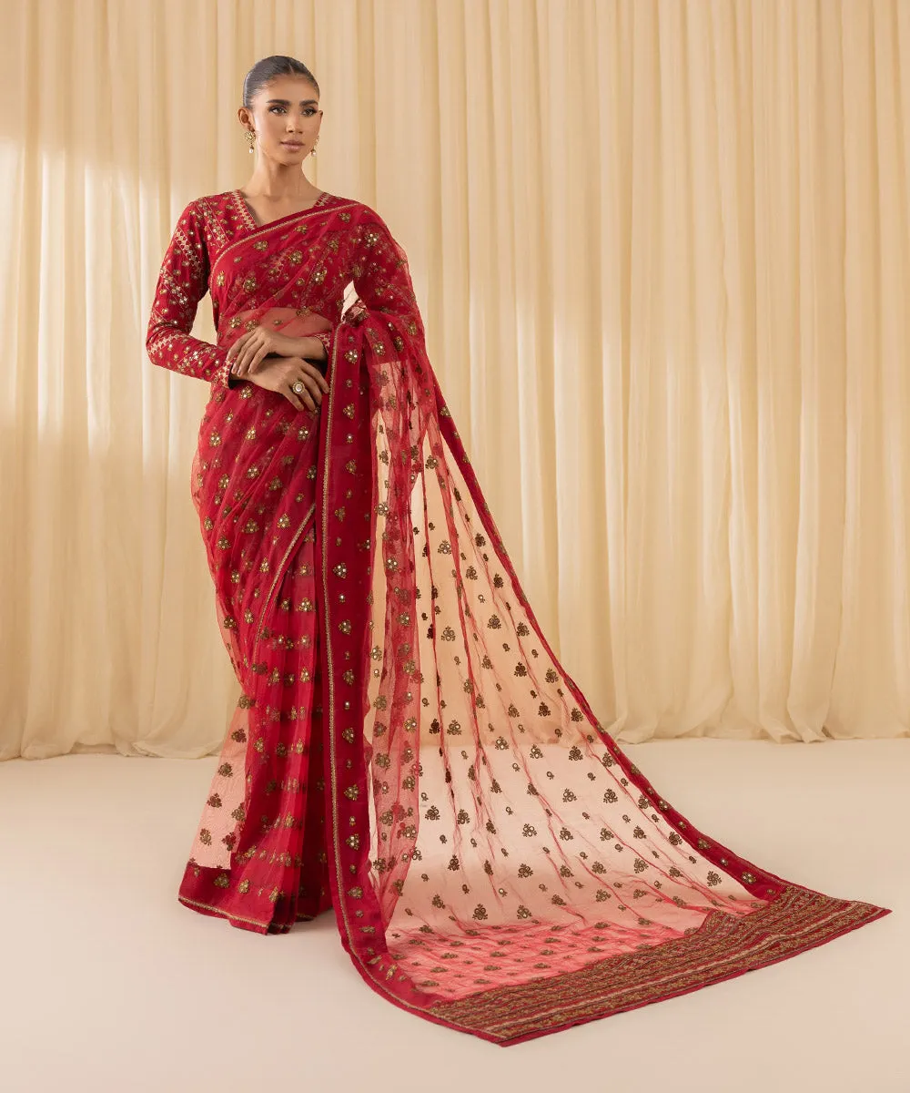Luxurious 3-Piece Embroidered Net Saree Set