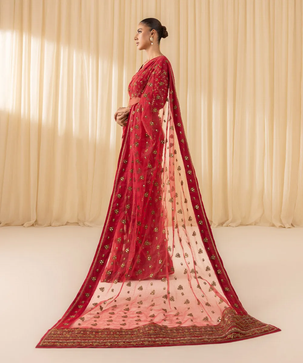 Luxurious 3-Piece Embroidered Net Saree Set
