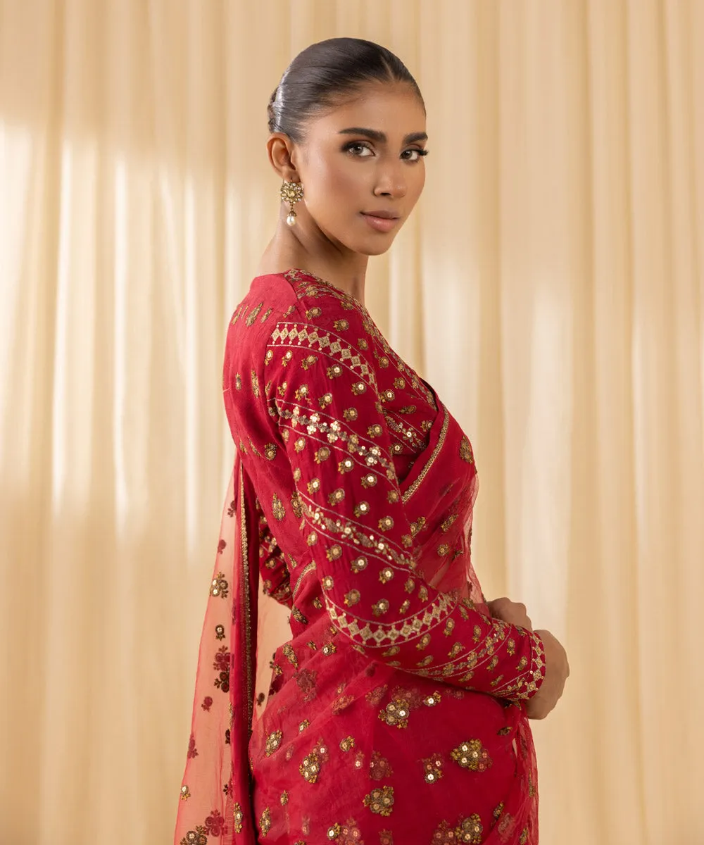 Luxurious 3-Piece Embroidered Net Saree Set