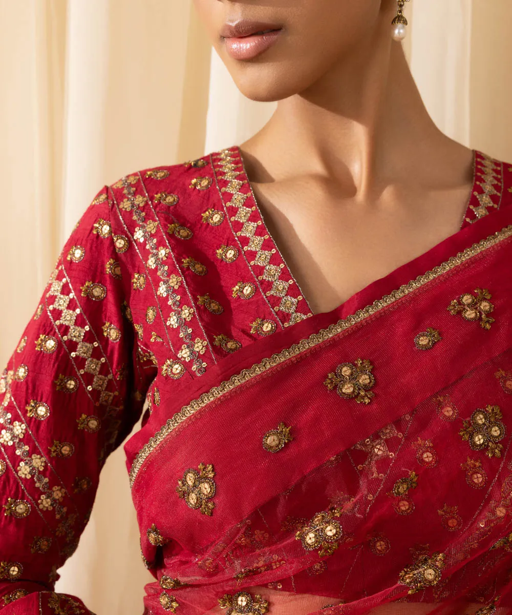 Luxurious 3-Piece Embroidered Net Saree Set