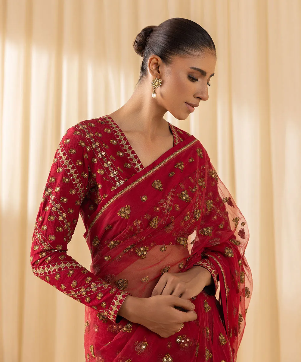 Luxurious 3-Piece Embroidered Net Saree Set