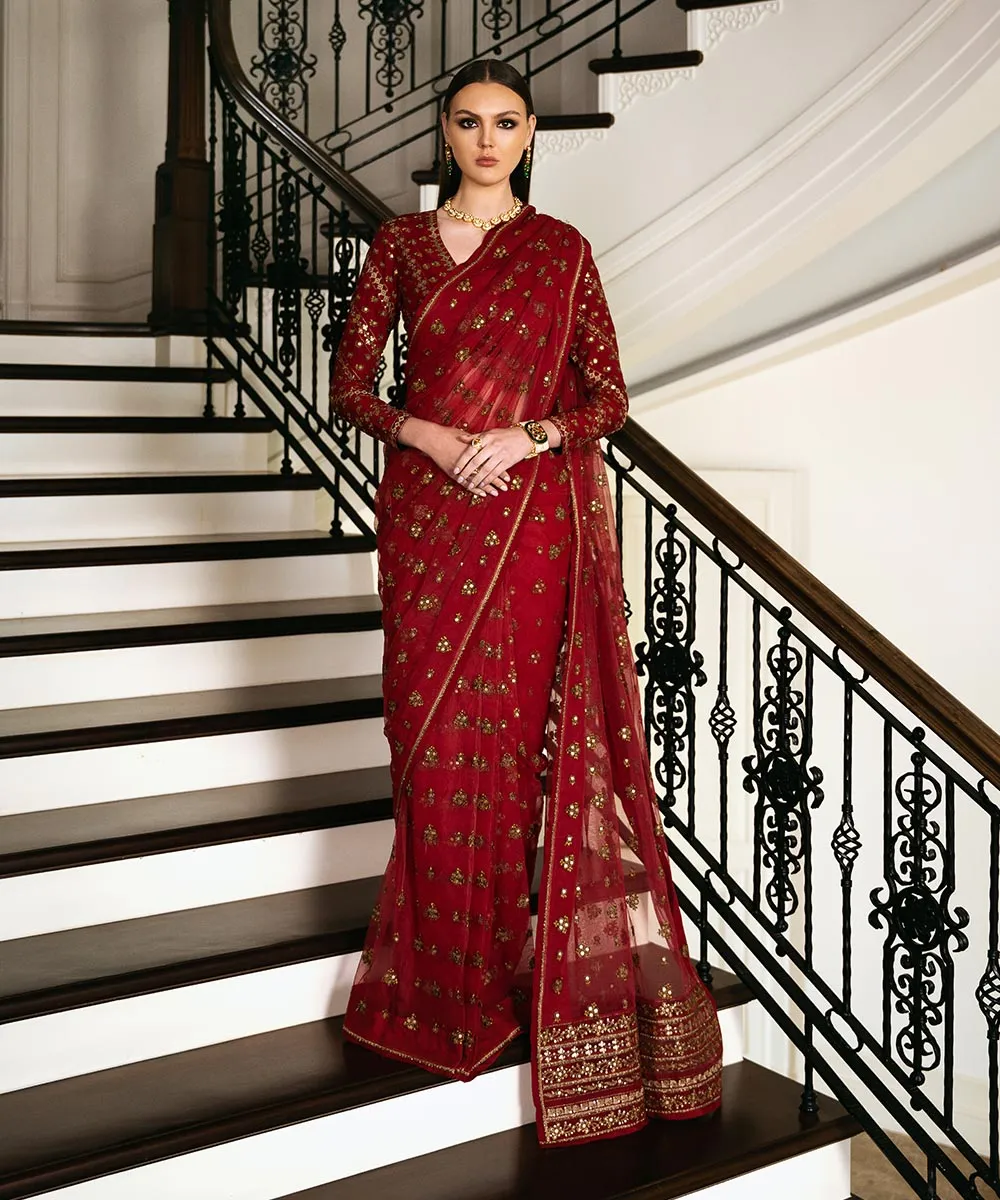 Luxurious 3-Piece Embroidered Net Saree Set
