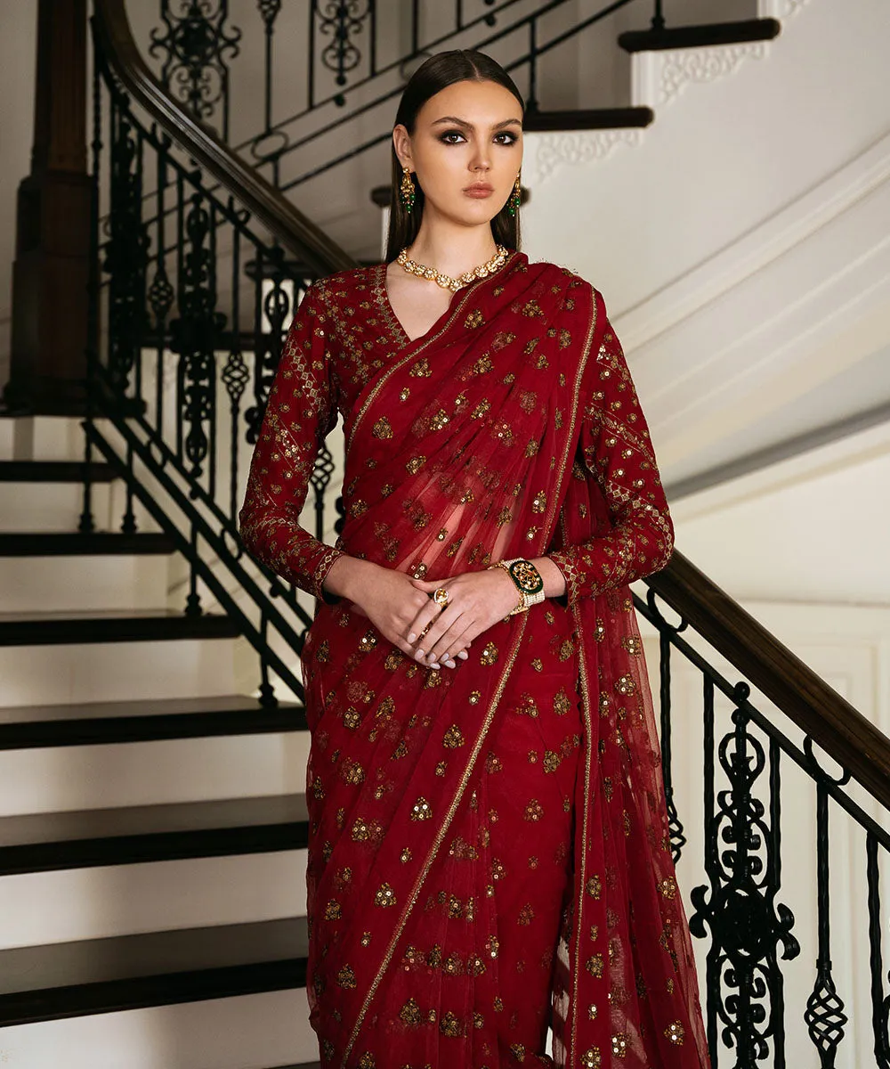 Luxurious 3-Piece Embroidered Net Saree Set
