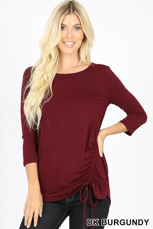 3/4 Sleeve Round Neck Side Ruched Top