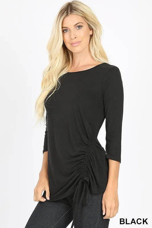 3/4 Sleeve Round Neck Side Ruched Top
