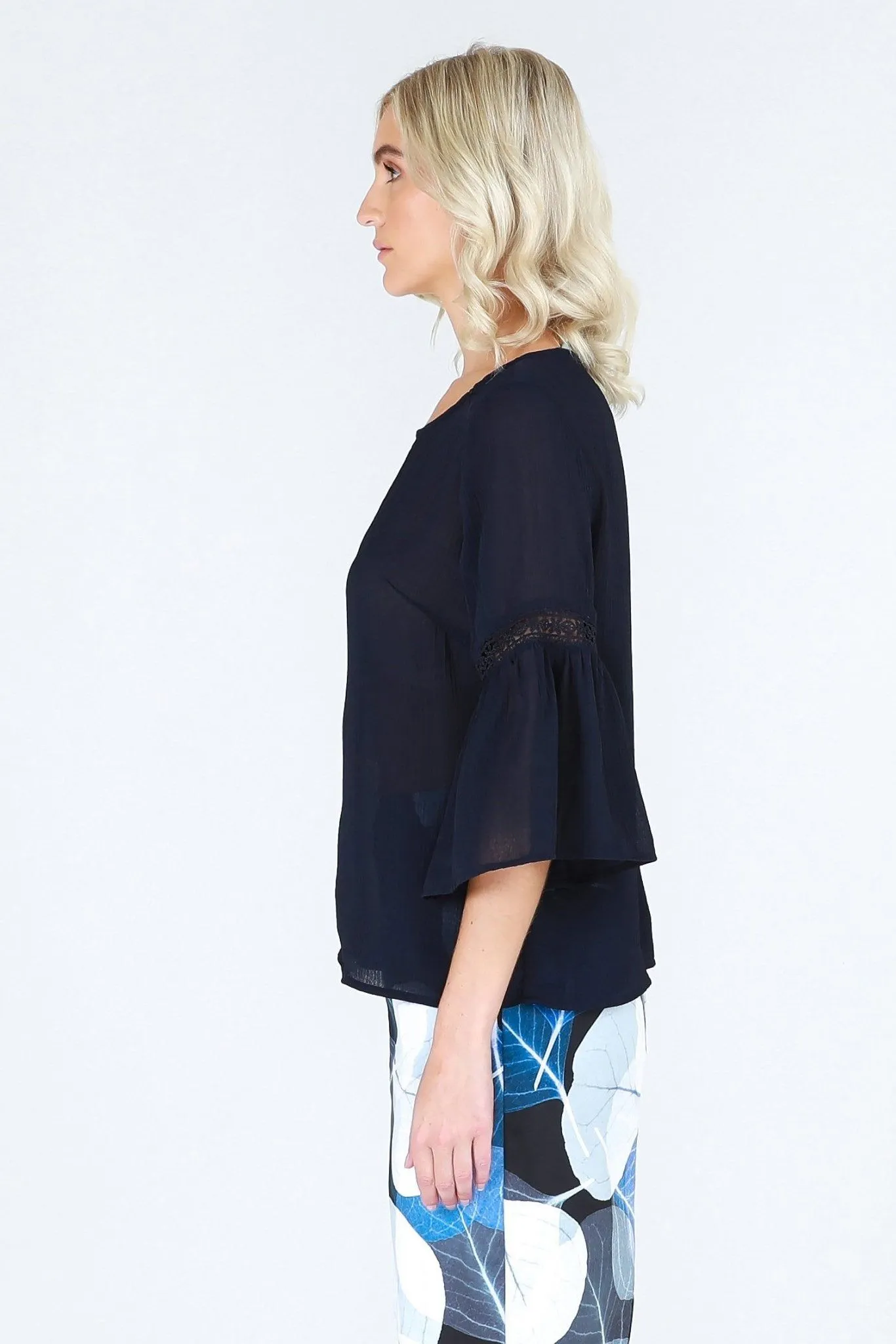3RD Love Vivid Navy 3/4 Bell Sleeved Top with Lace Inserts