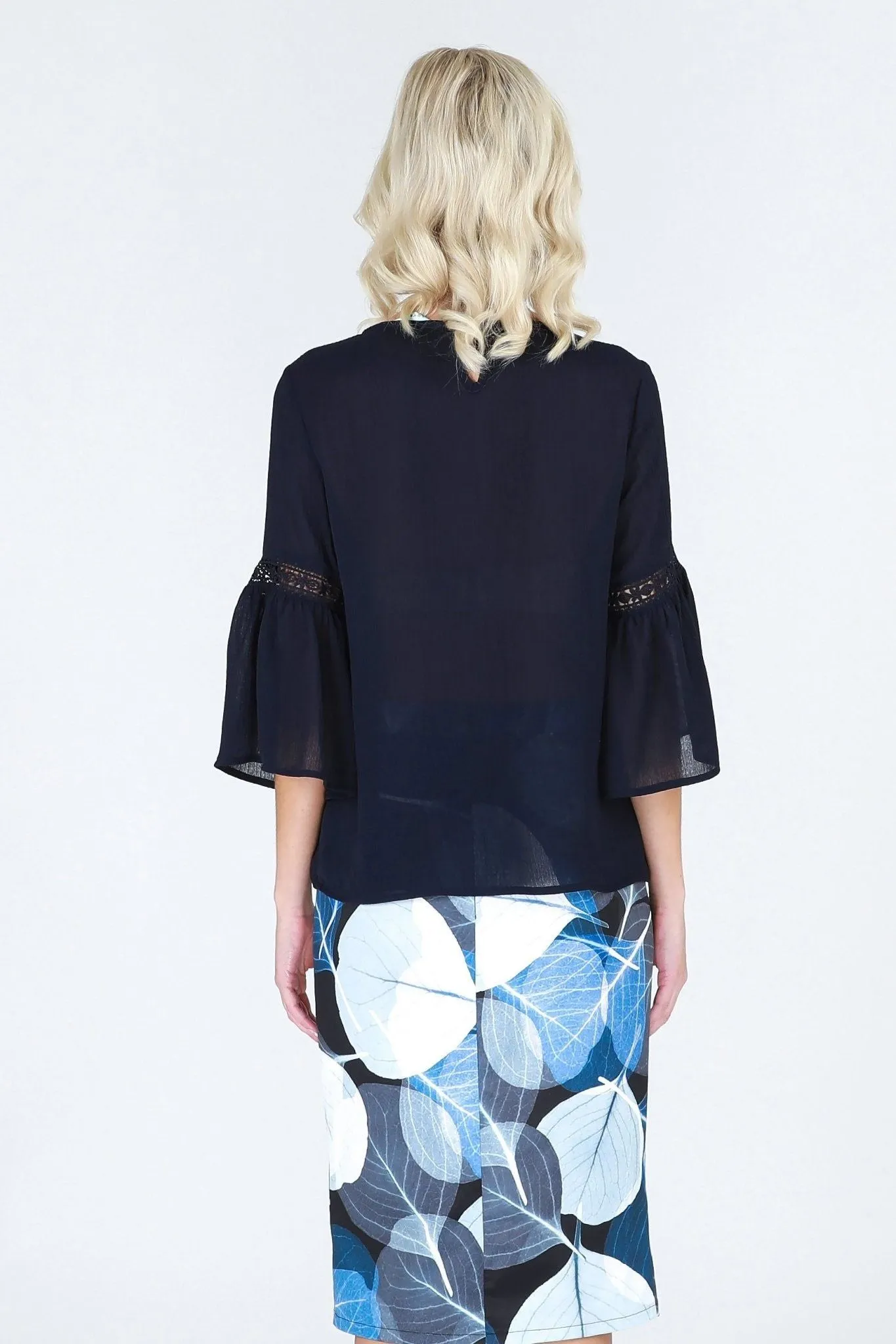 3RD Love Vivid Navy 3/4 Bell Sleeved Top with Lace Inserts