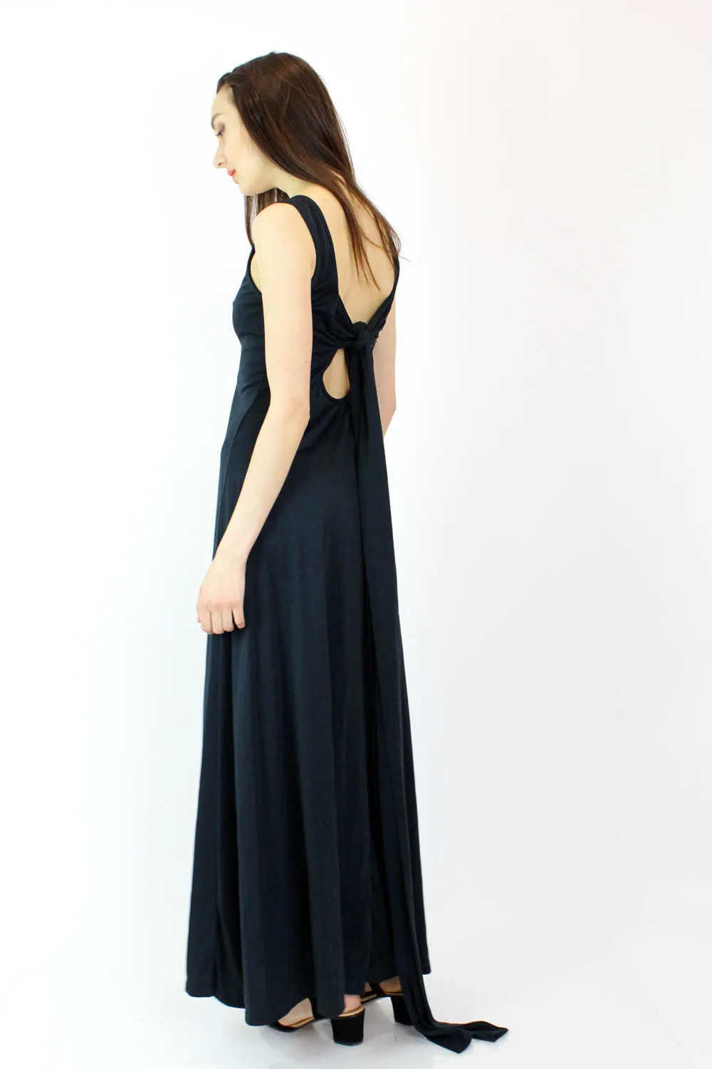 70s Black Open Back Maxi Dress S