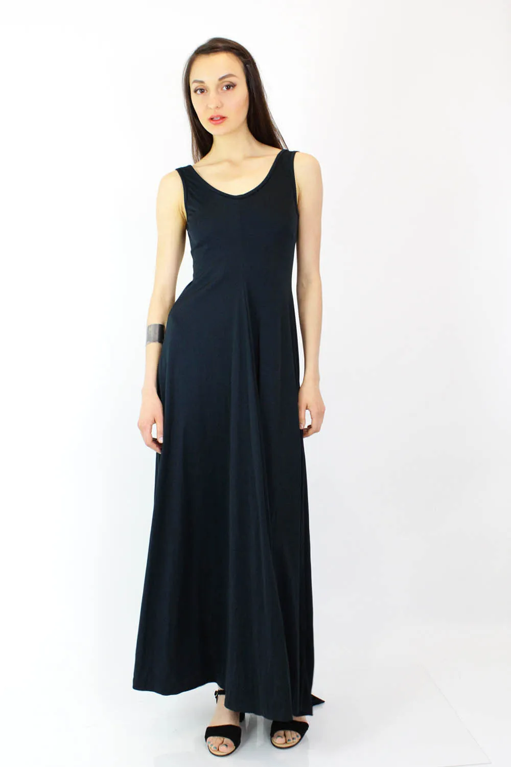 70s Black Open Back Maxi Dress S