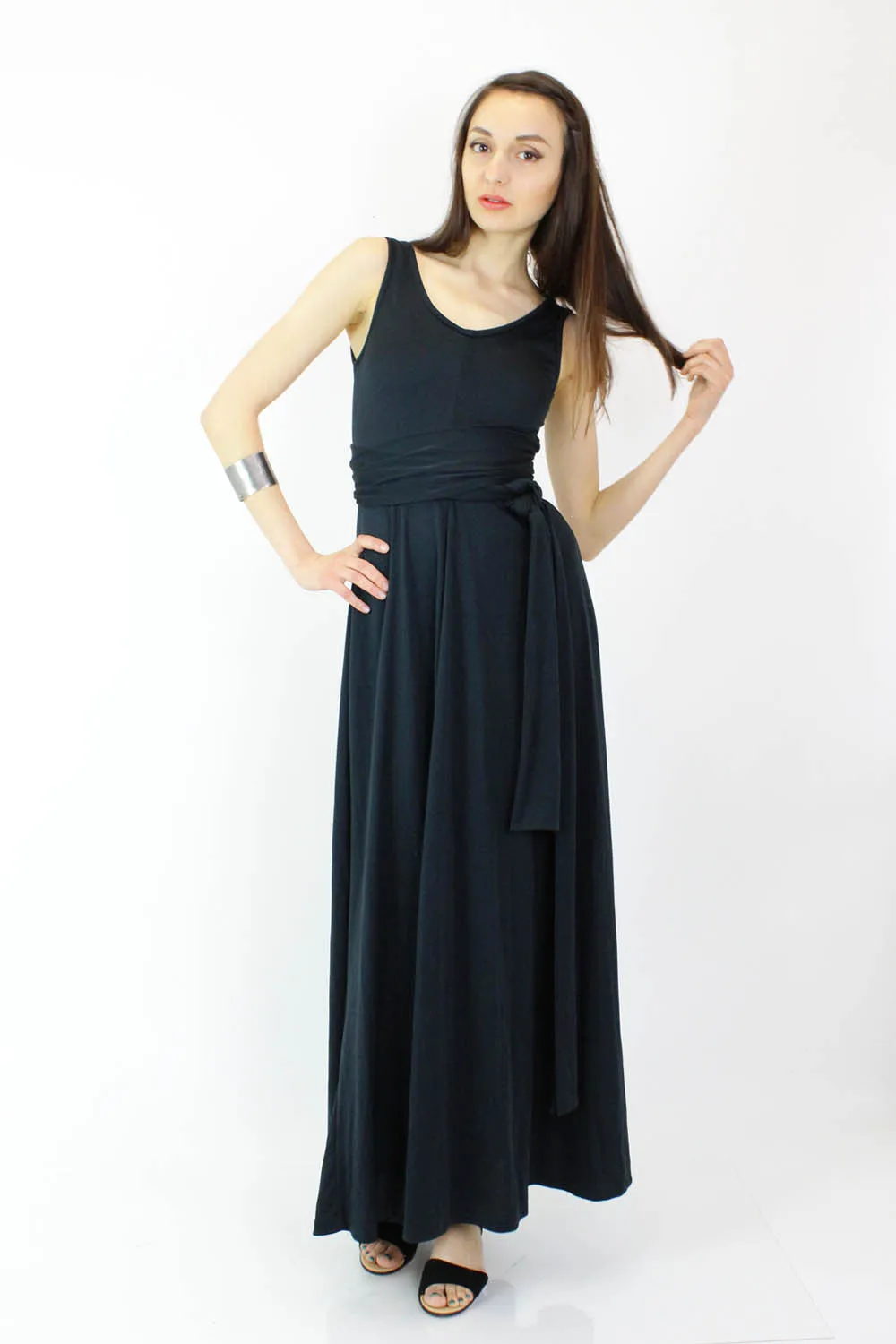 70s Black Open Back Maxi Dress S