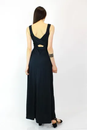70s Black Open Back Maxi Dress S