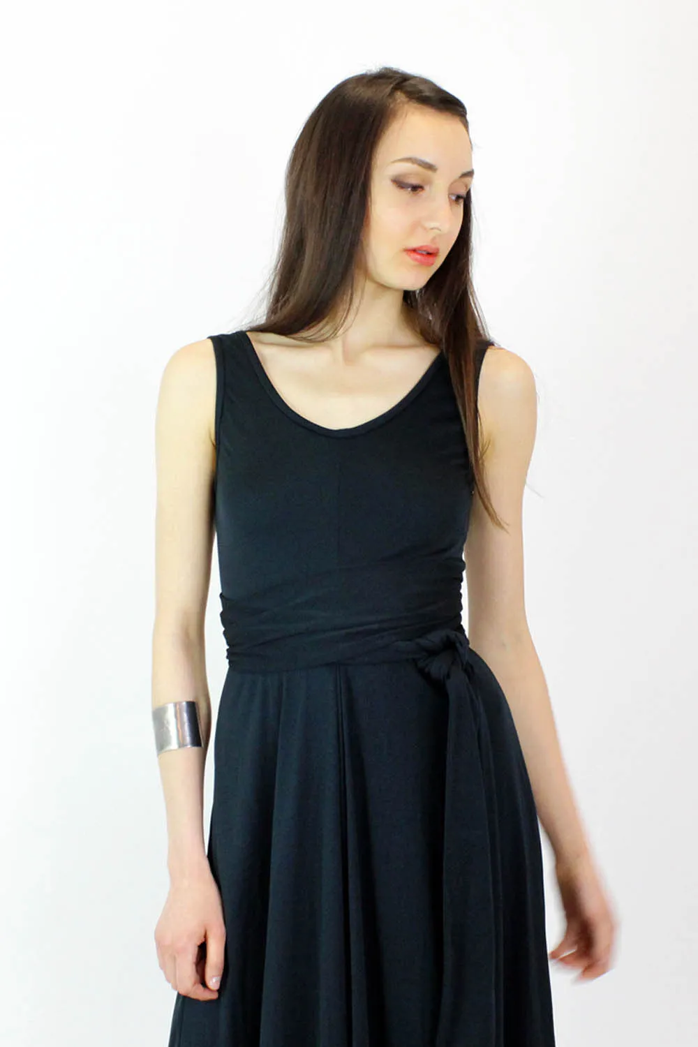 70s Black Open Back Maxi Dress S