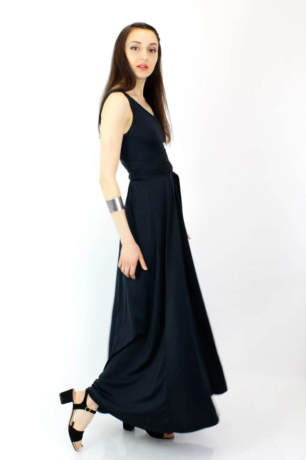 70s Black Open Back Maxi Dress S
