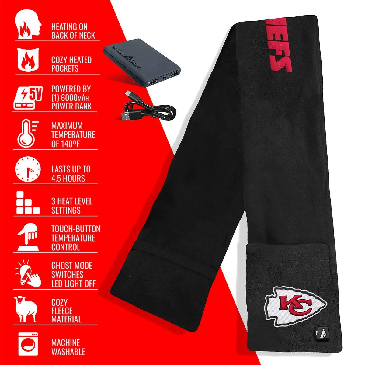 Kansas City Chiefs ActionHeat 5V Battery-Powered Heated Scarf - Ultimate Warmth and Team Spirit Accessory