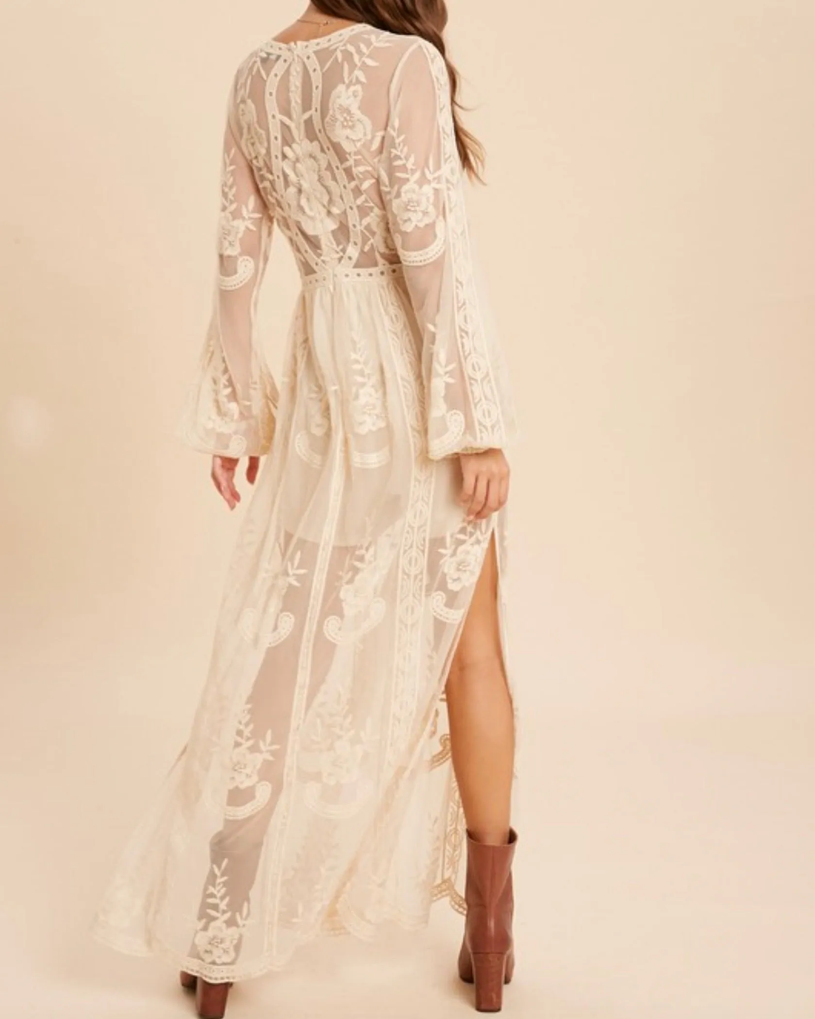 As You Wish Balloon Long Sleeve Embroidered Maxi Dress in More Colors