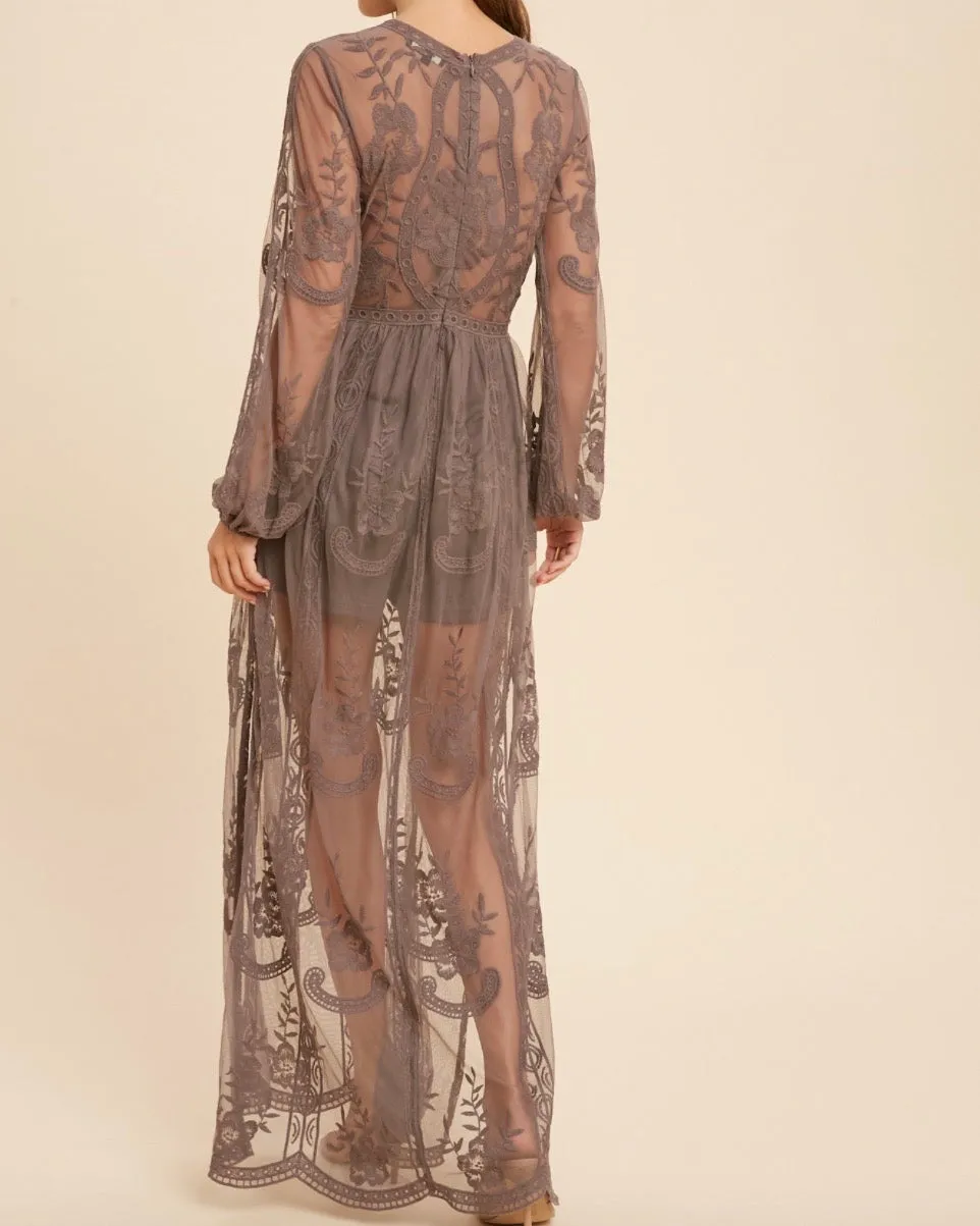 As You Wish Balloon Long Sleeve Embroidered Maxi Dress in More Colors