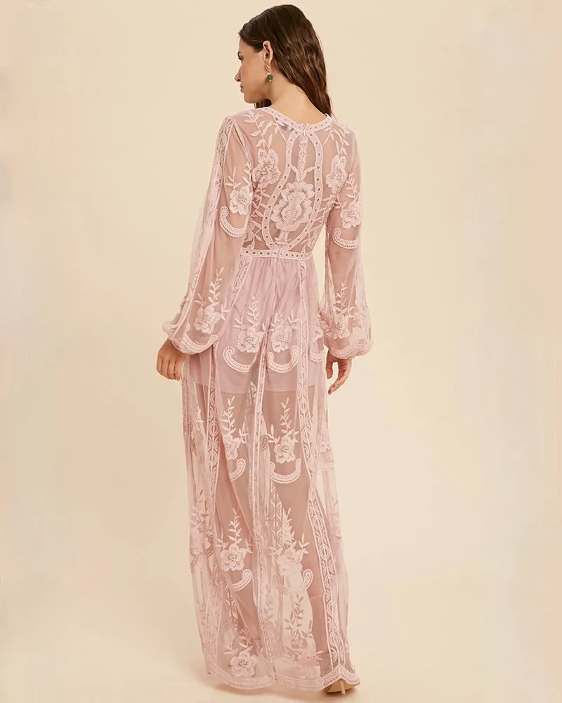 As You Wish Balloon Long Sleeve Embroidered Maxi Dress in More Colors