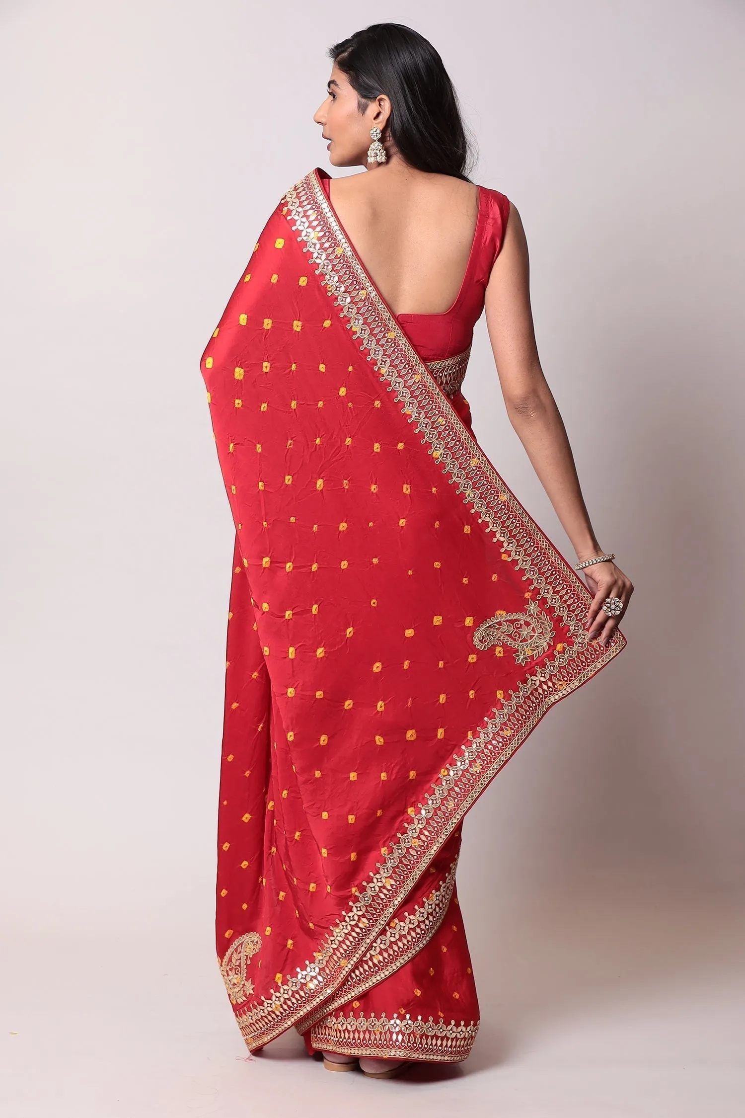 Bandhej Satin silk Saree with Gota Patti work.