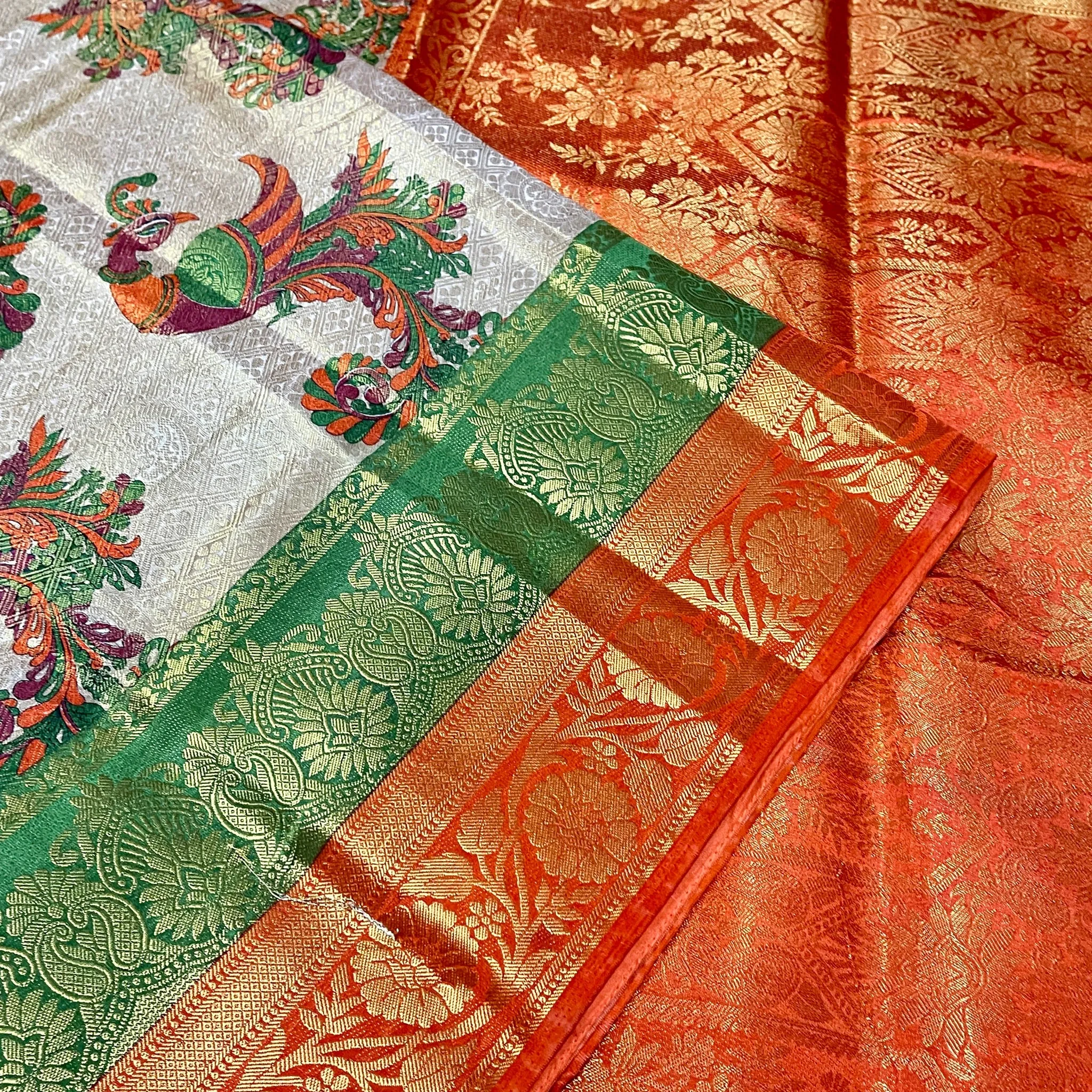 Beige Kalamkari Brocade Printed Semi Silk Saree with stitched Blouse