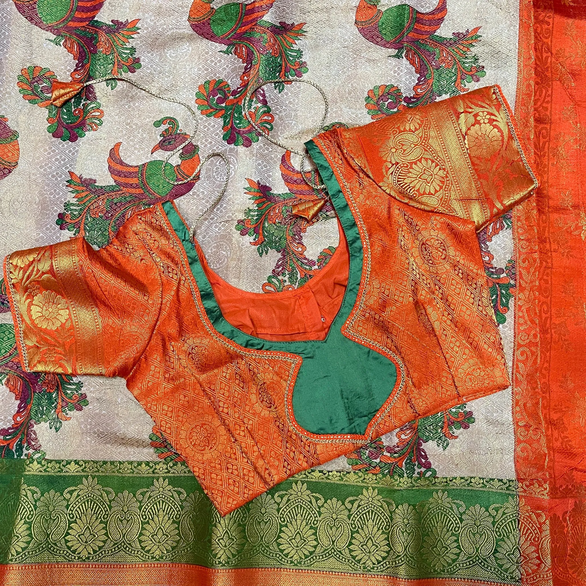 Beige Kalamkari Brocade Printed Semi Silk Saree with stitched Blouse