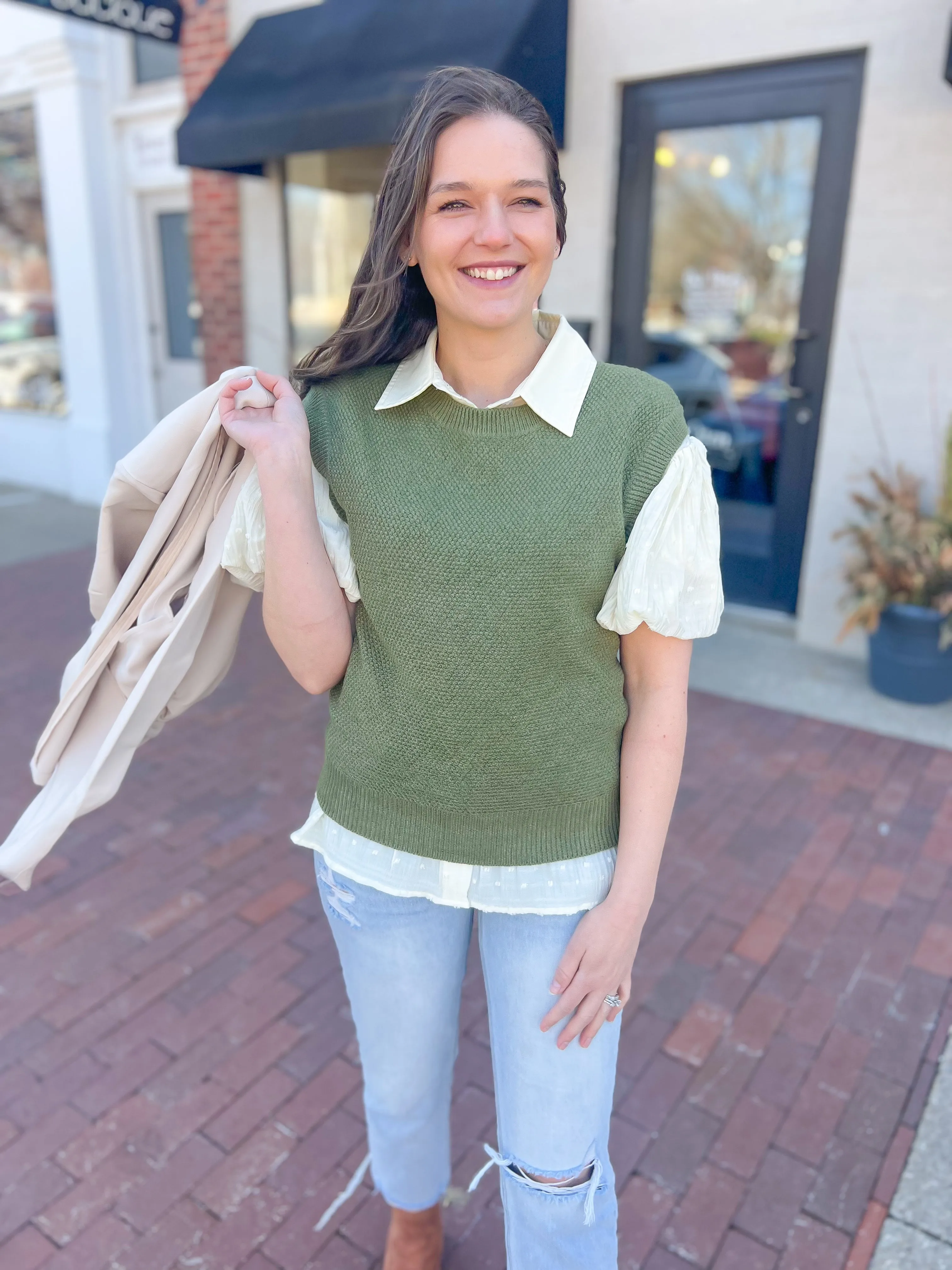 Beige Swiss Dot Puff Sleeve Blouse