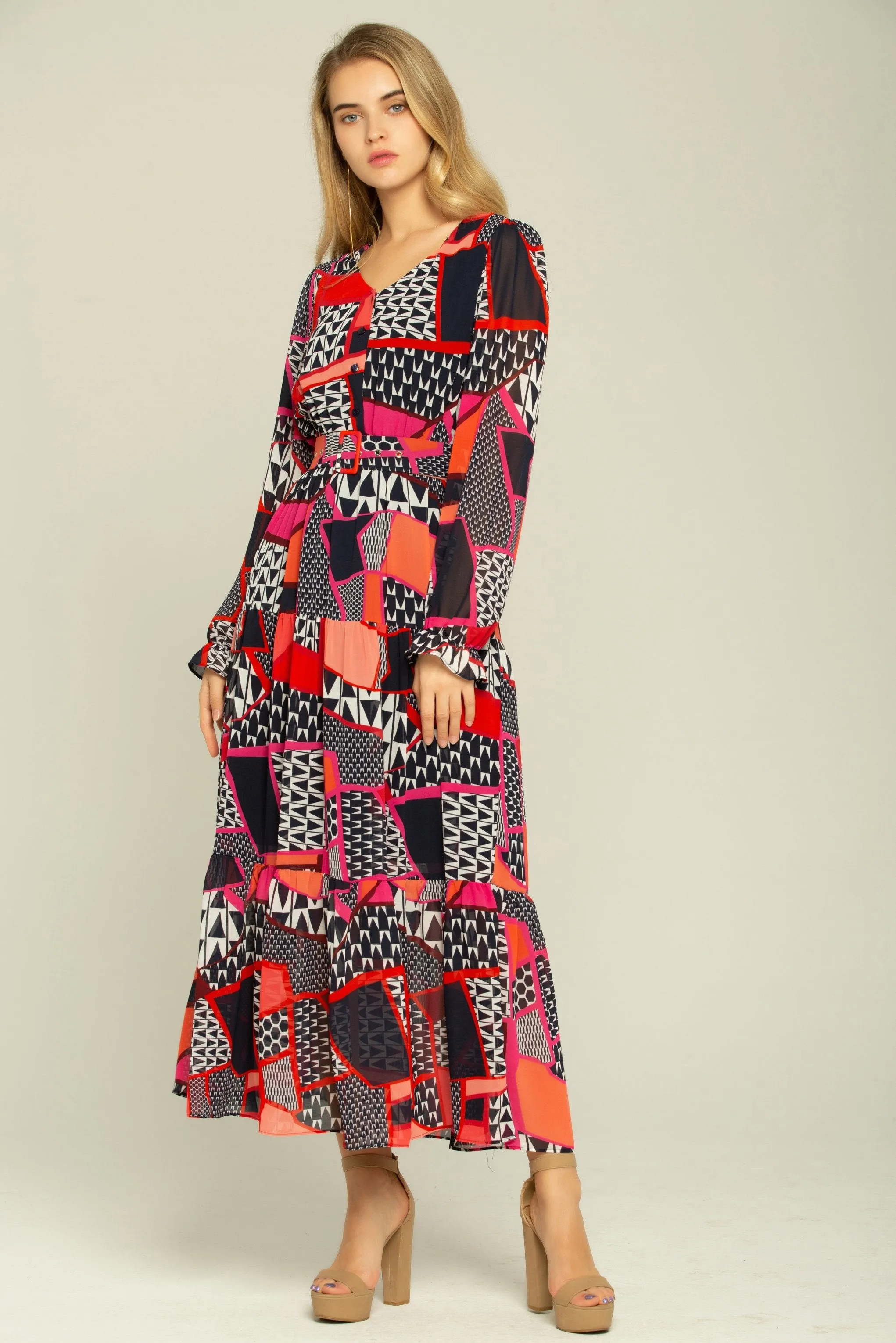 Black Orange Red Mixed Prints Maxi Dress