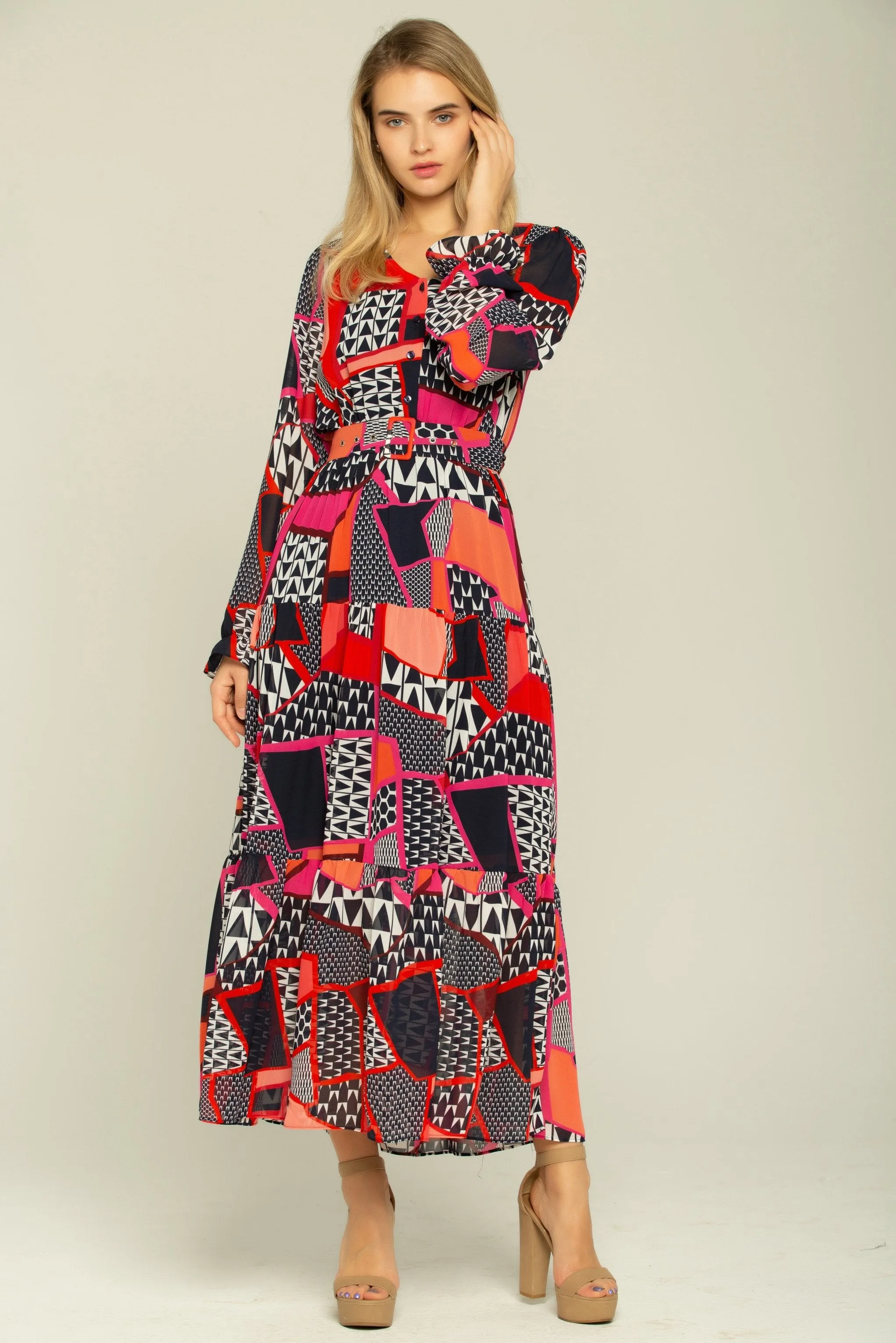 Black Orange Red Mixed Prints Maxi Dress
