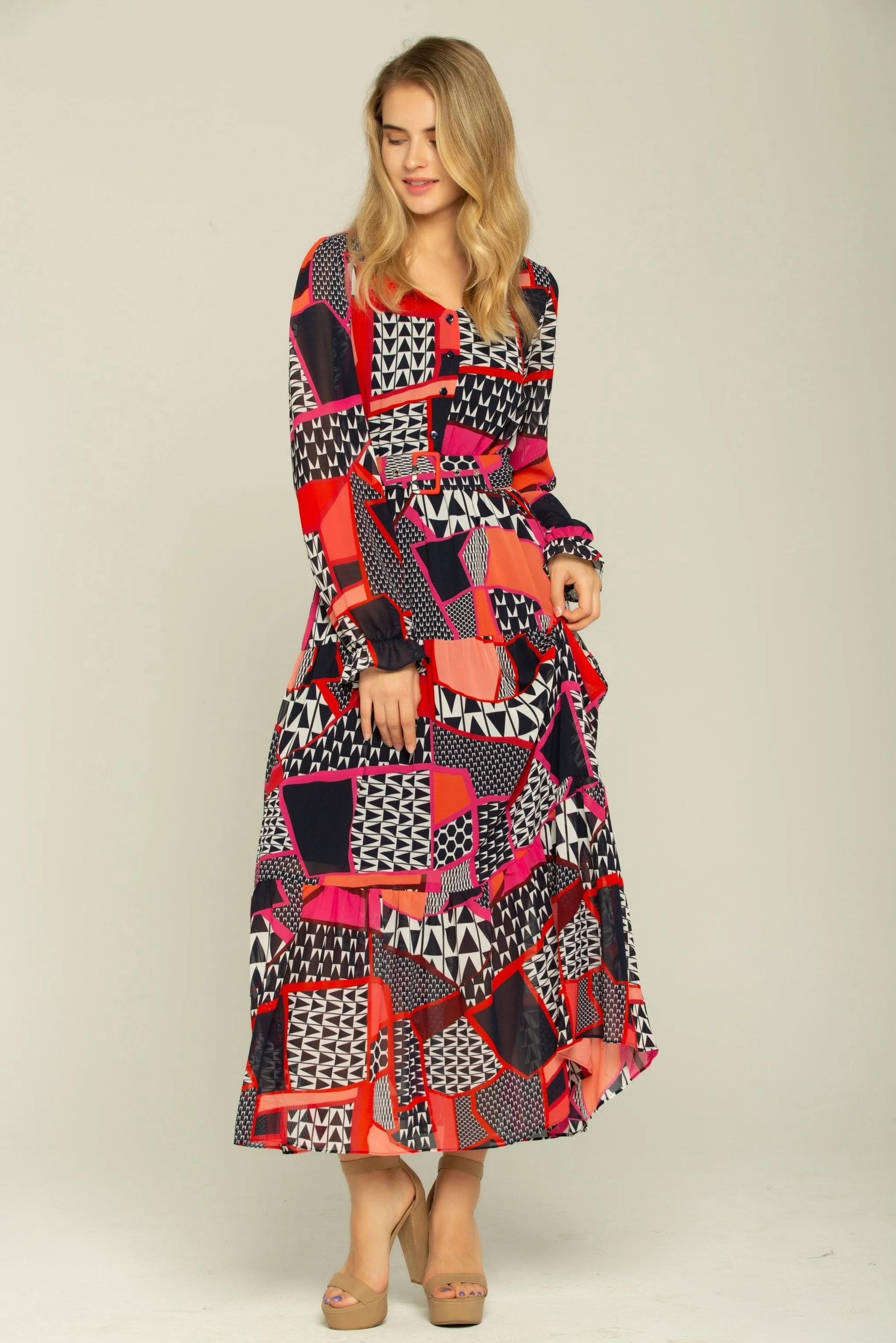 Black Orange Red Mixed Prints Maxi Dress
