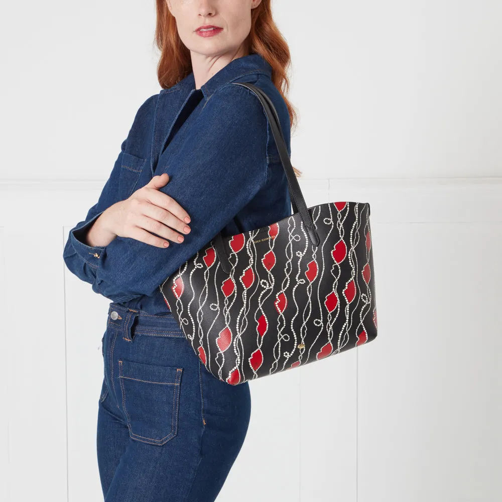 BLACK PEARLY LIP PRINT LEATHER SMALL IVY TOTE BAG