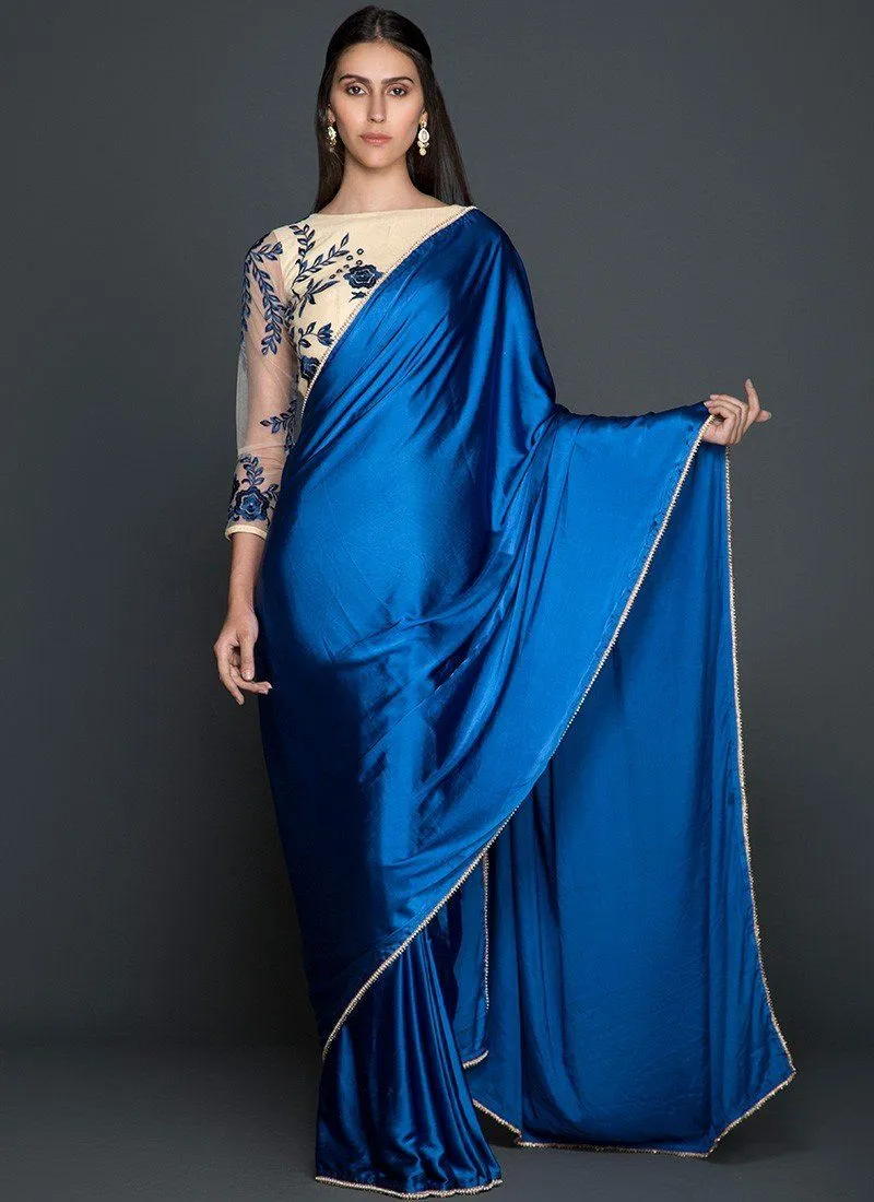 Blue and Cream Satin Saree