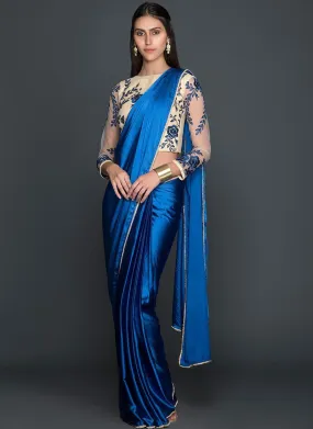 Blue and Cream Satin Saree