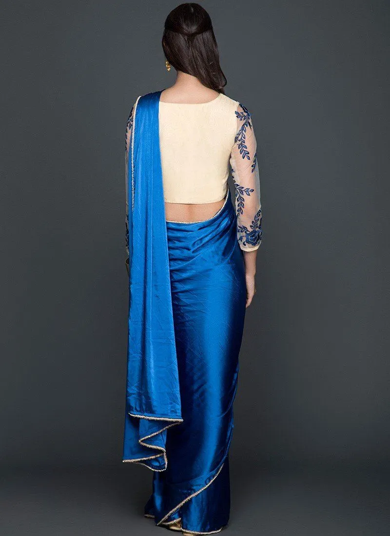 Blue and Cream Satin Saree